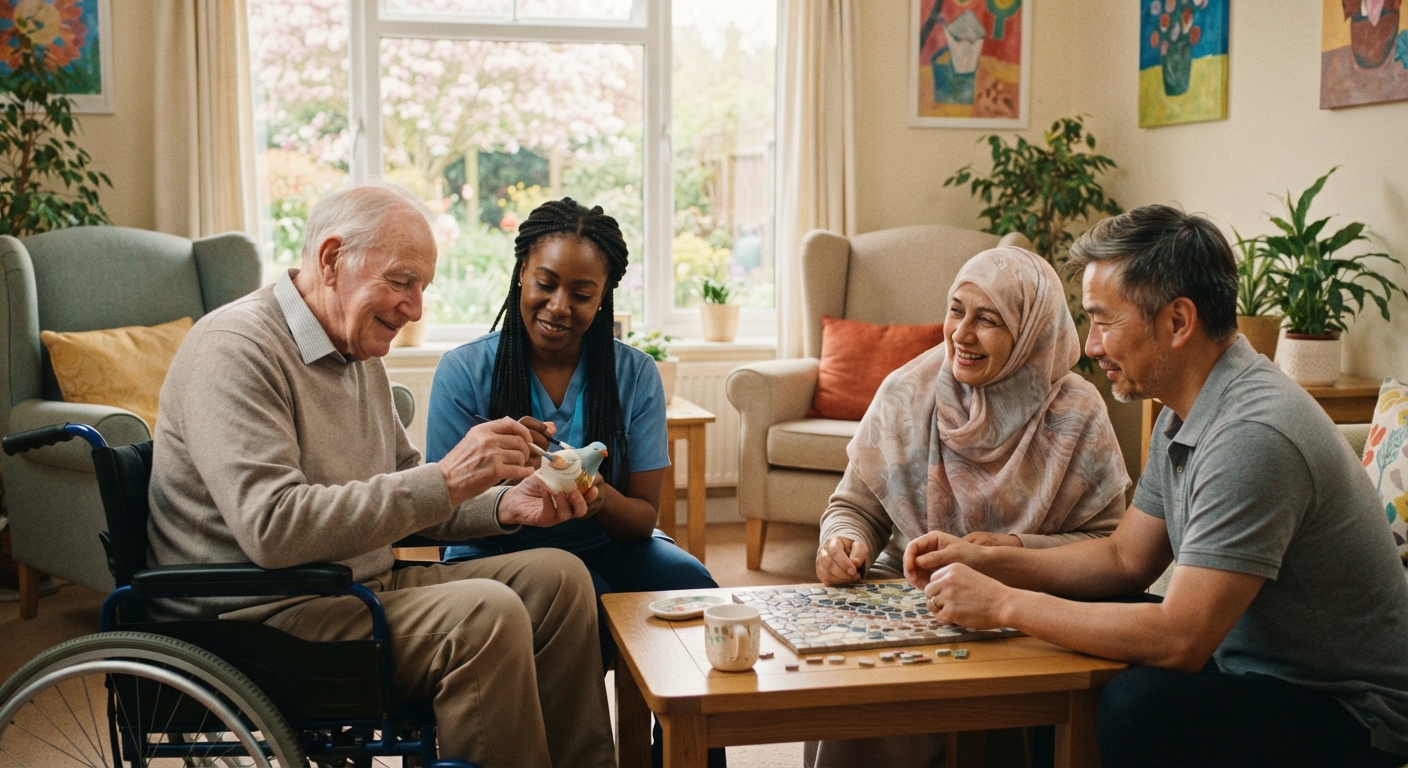 Care professional sharing a warm conversation with an older adult