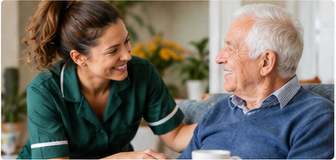 Care professional sharing a warm conversation with an older adult